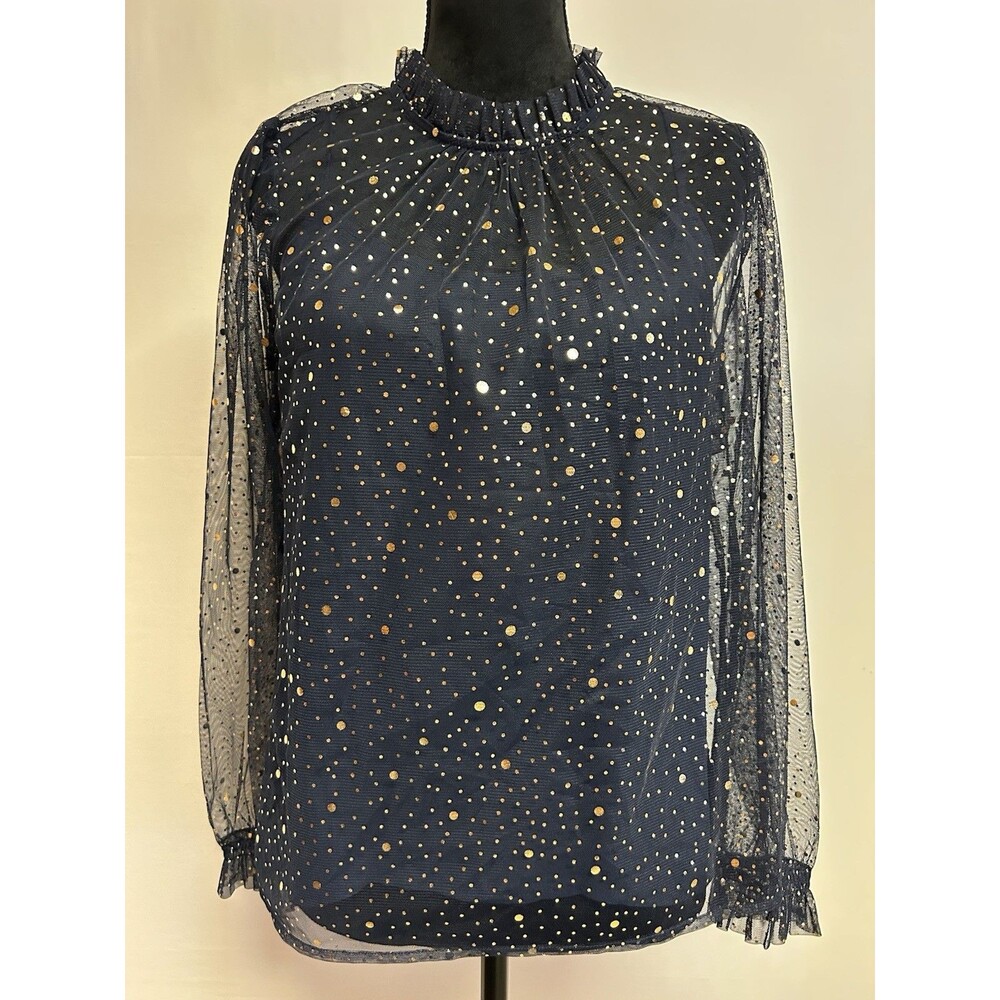 J.Crew Womens S Top Navy Blue Gold Foil Polka Dot Sheer Mesh with Camisole